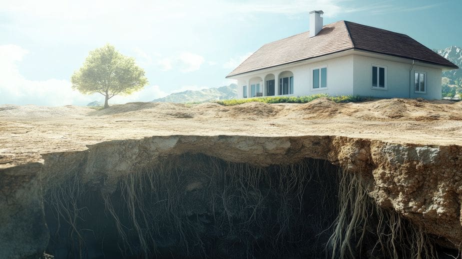 A gravity-defying home exterior, completely inverted with its foundation in the air. 3D photorealistic, copy space.
