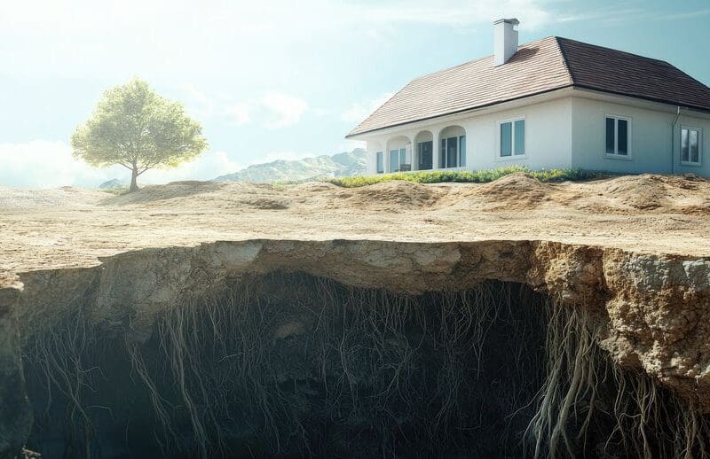 A gravity-defying home exterior, completely inverted with its foundation in the air. 3D photorealistic, copy space.